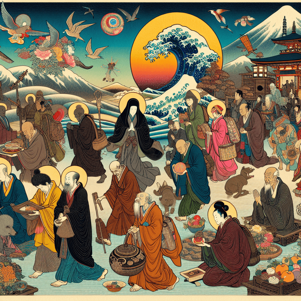 Create an image depicting the contrast between moral relativism and universalism within the context of multi-faith philanthropy, illustrating diverse cultural and religious symbols engaging in charitable acts.