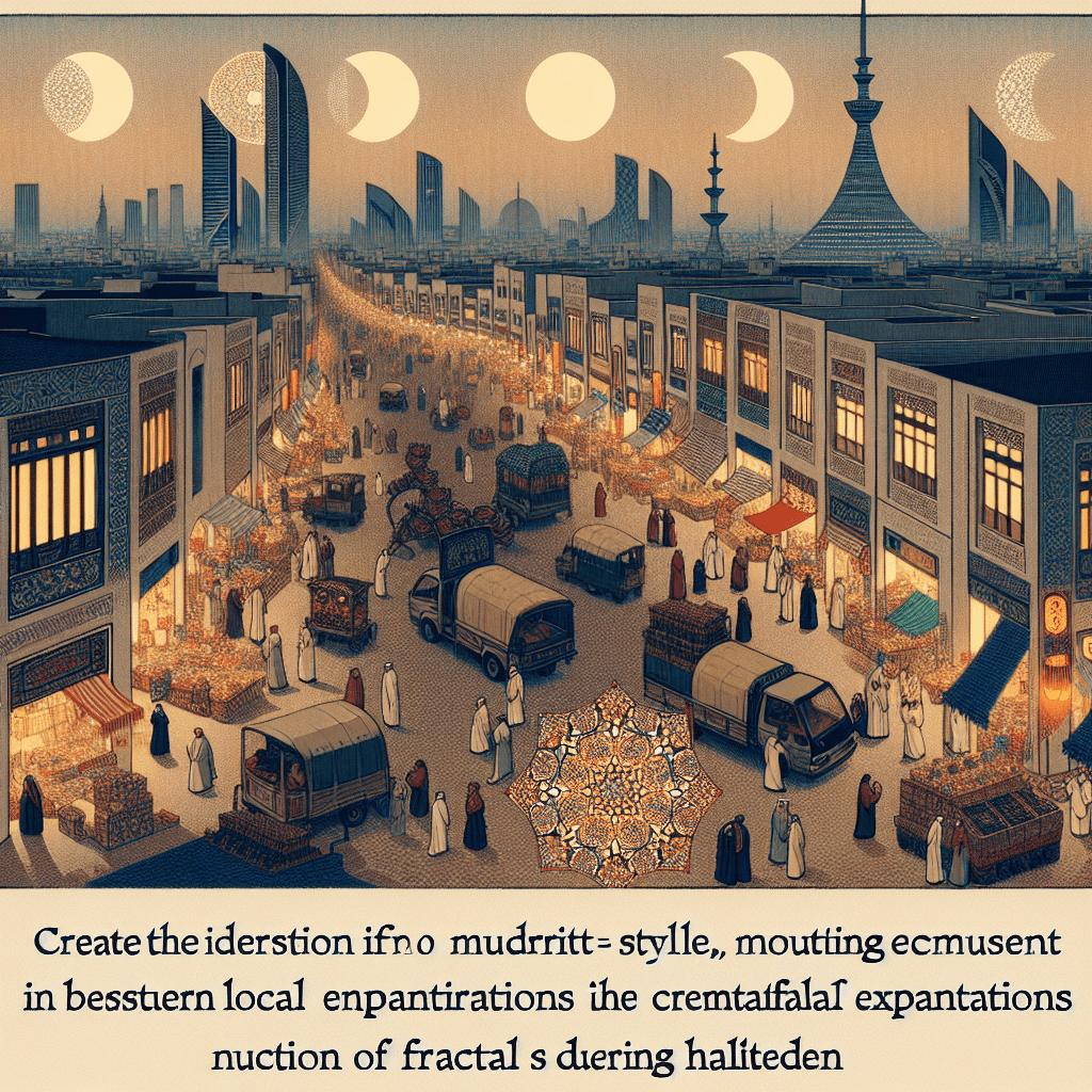 Create an image depicting the intersection of modernity and tradition in Kuwait, focusing on the cultural practice of pausing fractal expansions during Ramadan.