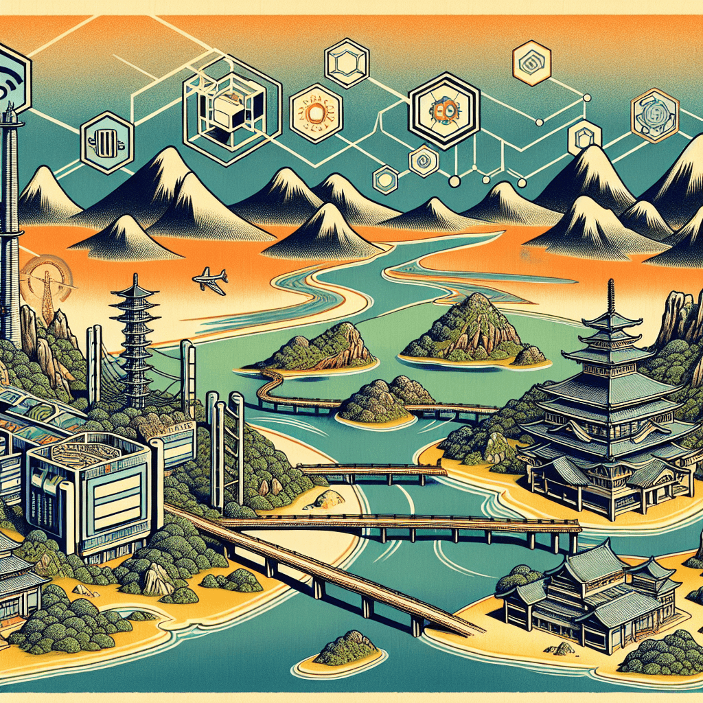 Create an image depicting a digital landscape where bridges made of firewalls connect various islands of technology and knowledge, symbolizing practical collaborations and exchanges.