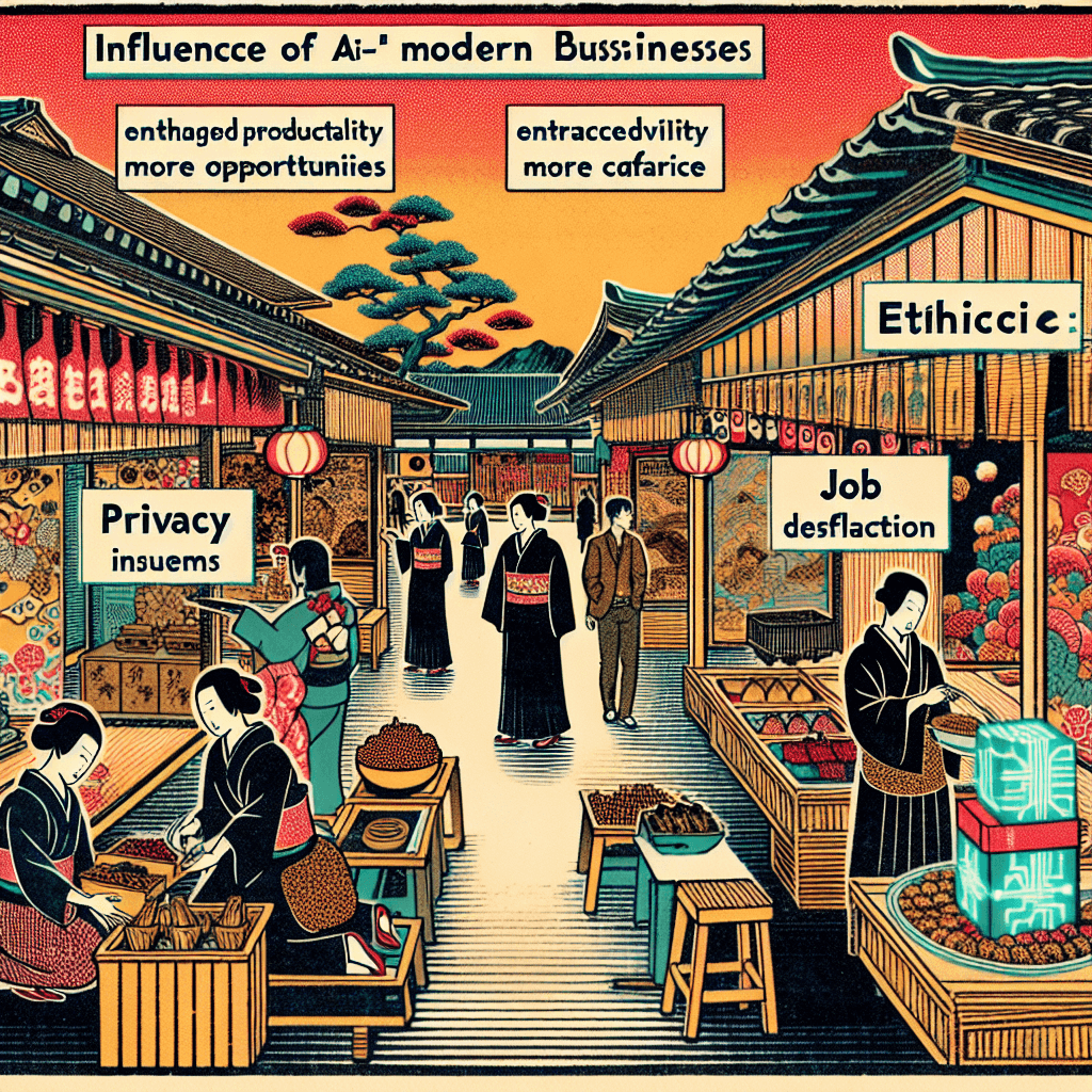 Create an image representing the influence of AI on contemporary businesses, highlighting both opportunities and ethical issues.