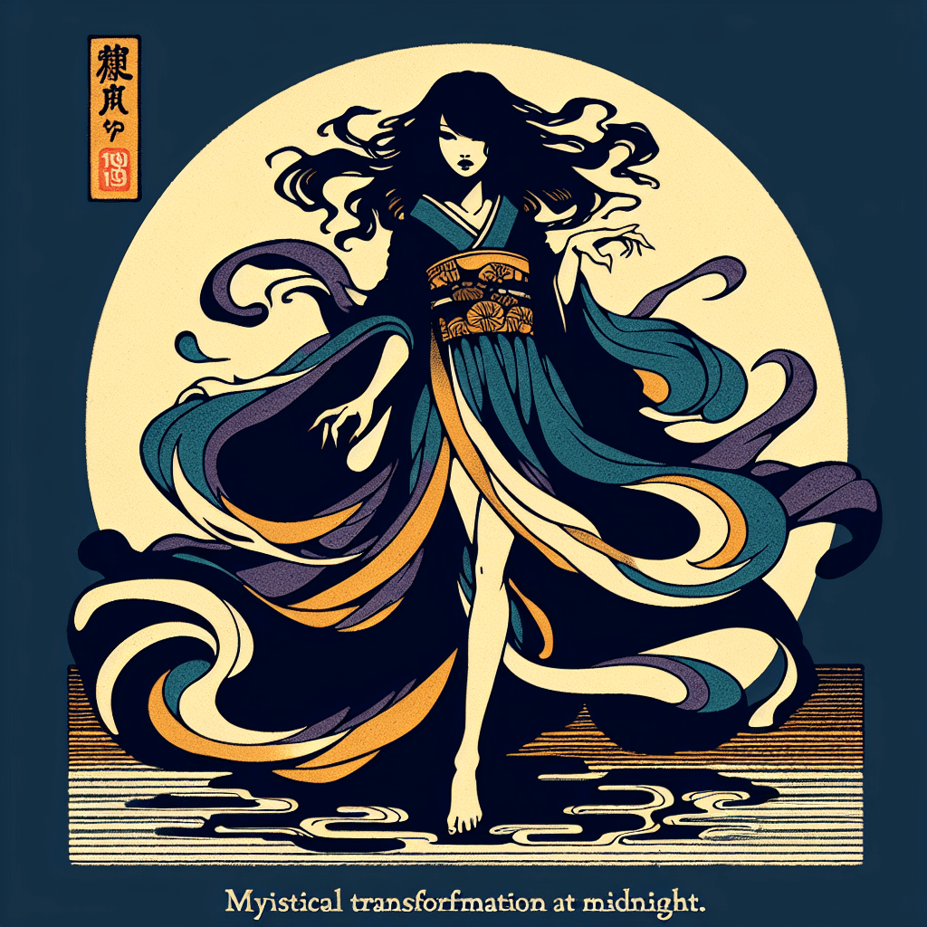 Create an image depicting a mystical transformation at midnight, featuring Lilith with a newly dynamic and captivating aura around her feet.