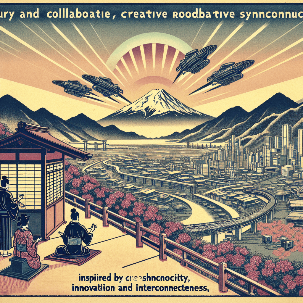 Create an image depicting a futuristic and collaborative roadmap concept, inspired by SoftBank's Synchronicity, highlighting innovation and interconnectedness.