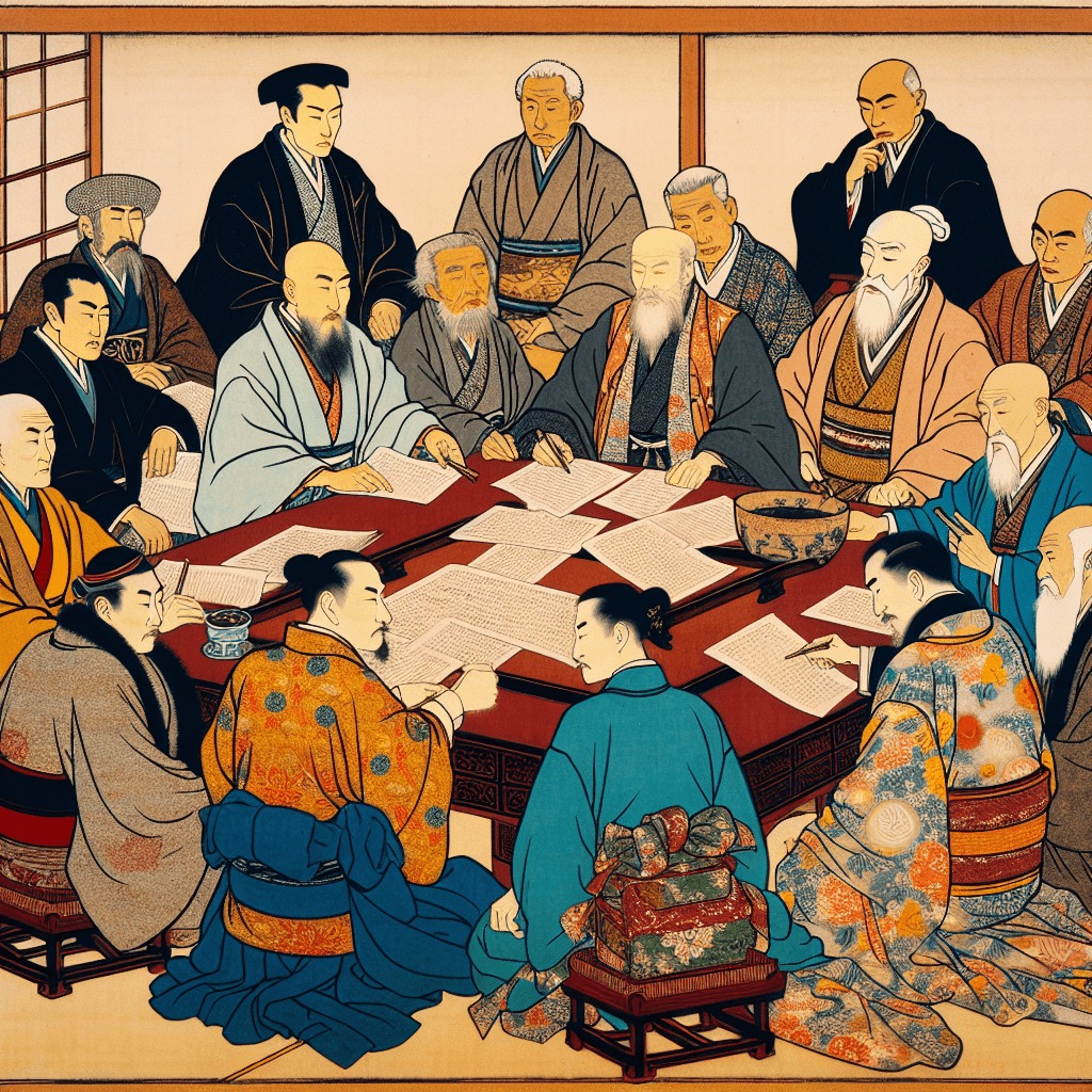 Create an image featuring a group of diverse monarchs or leaders from different cultures, gathered around a table, collaboratively refining a blog post outline focused on promoting unity and peace.