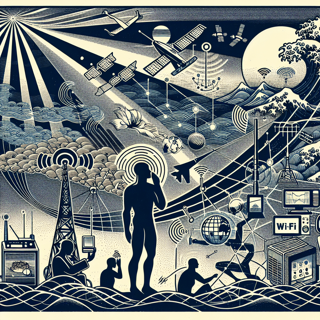 Create an image depicting various applications of radio waves, including broadcasting, telecommunications, satellite communication, and Wi-Fi, illustrating how they connect people and devices globally.