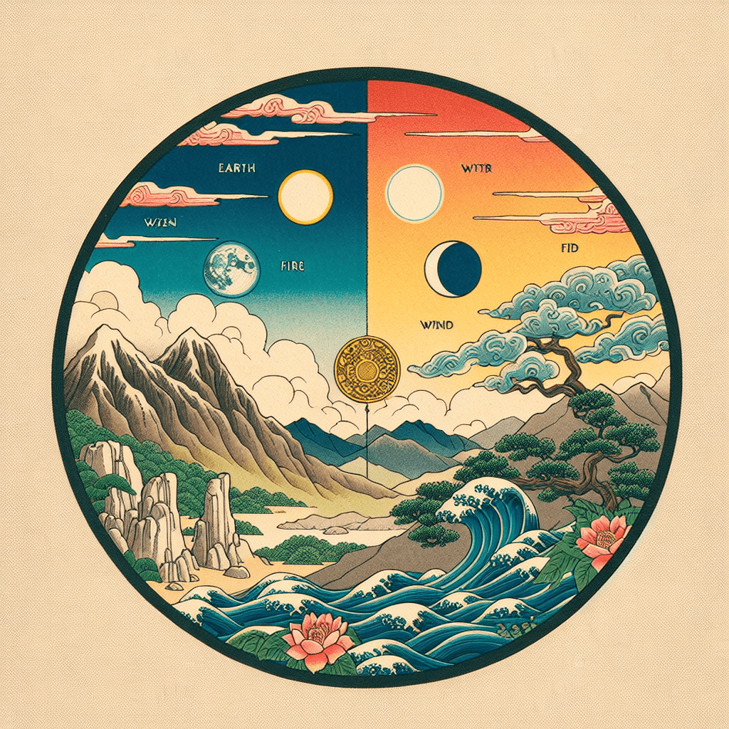 Create an image depicting the synergy between a coin and the Godai elements, symbolized by a finger pointing at the moon, capturing the essence of interconnectedness and harmony.