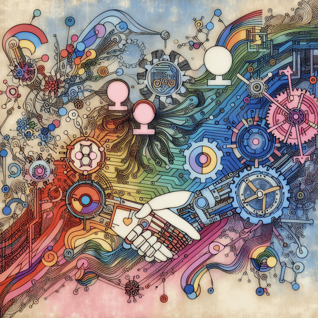 Create an image depicting the intersection of queer theory and artificial intelligence, symbolizing the fusion of diverse identities and cutting-edge technology.