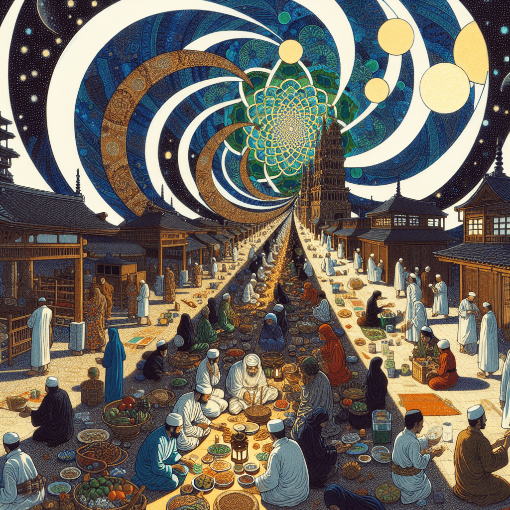 Create an image depicting the observance of Ramadan in Saudi Arabia, highlighting the pause in daily activities and fractal expansions to honor traditional practices.