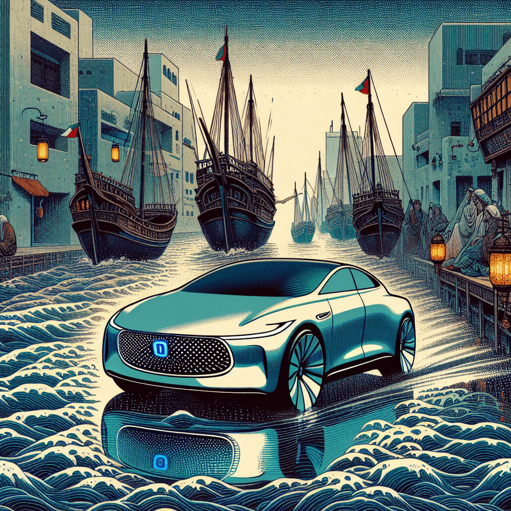 Create an image depicting a futuristic AI-enabled car navigating the streets of Kuwait, with traditional dhows sailing in the background, symbolizing the blend of tradition and modern technology.