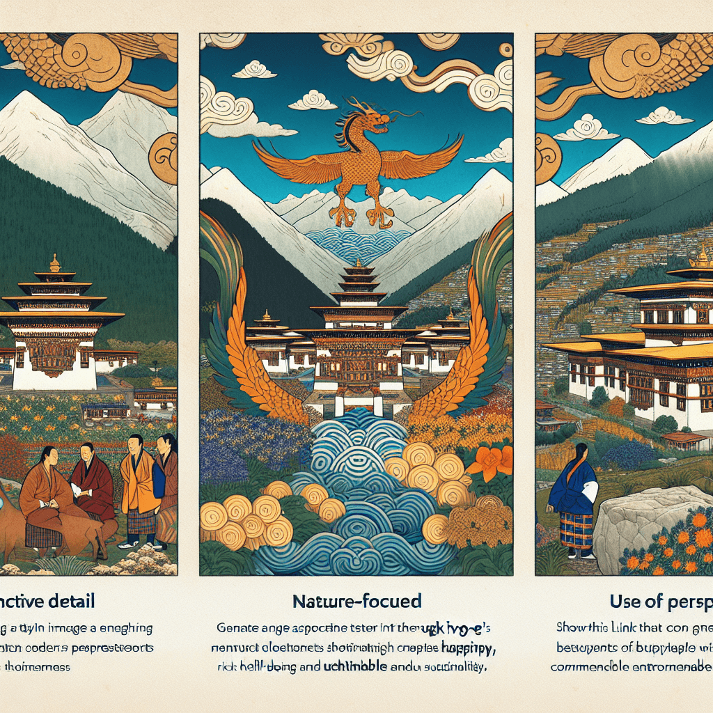Create an image depicting Bhutan's monarchy as a symbol of happiness, rich culture, and sustainability, highlighting the connection between its royal heritage and the nation's commitment to well-being and environmental stewardship.