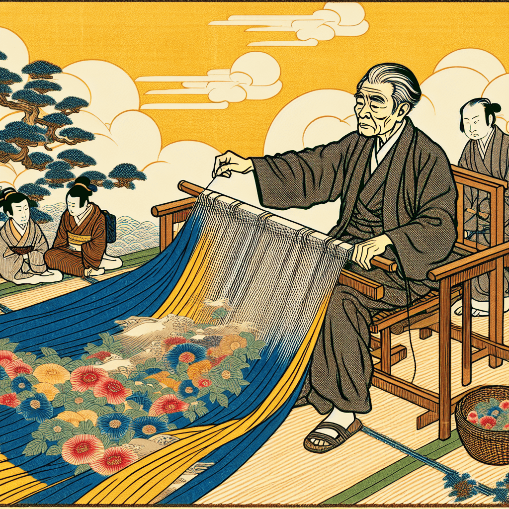 Create an image depicting Queen Sirikit of Thailand, symbolically weaving a tapestry that represents peace and unity.