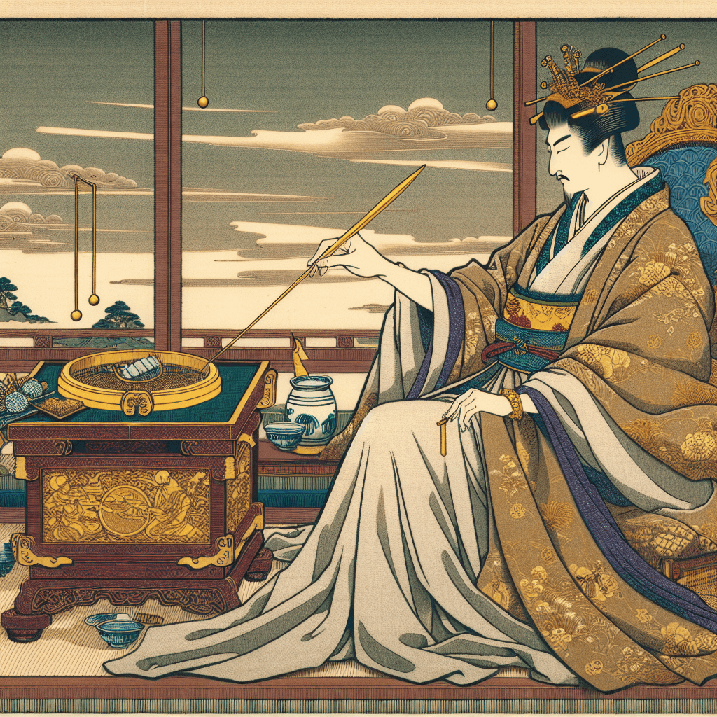 Create an image depicting a regal and elegant scene where a golden needle symbolizes the strengthening of royal connections through strategic engagement.