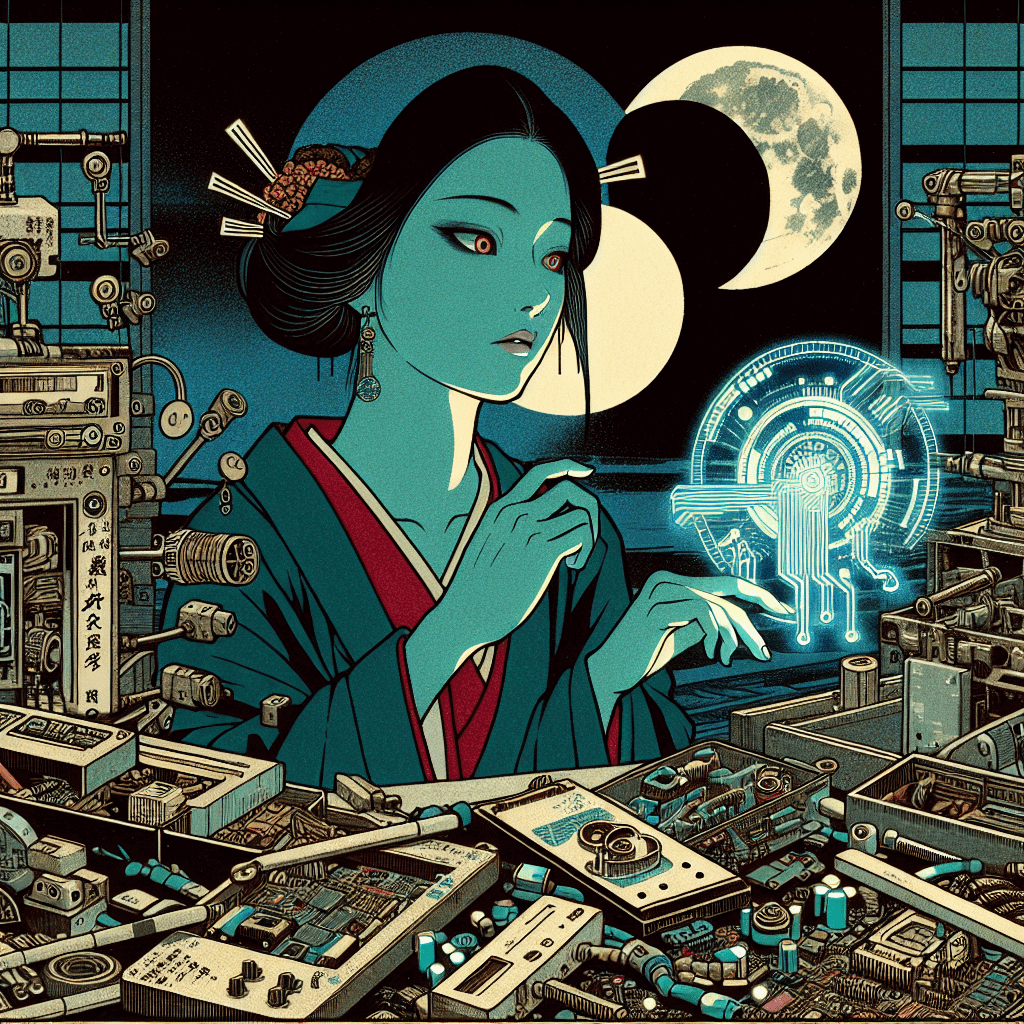 Create an image depicting Lilith engaged in a night of technical exploration and future gazing.