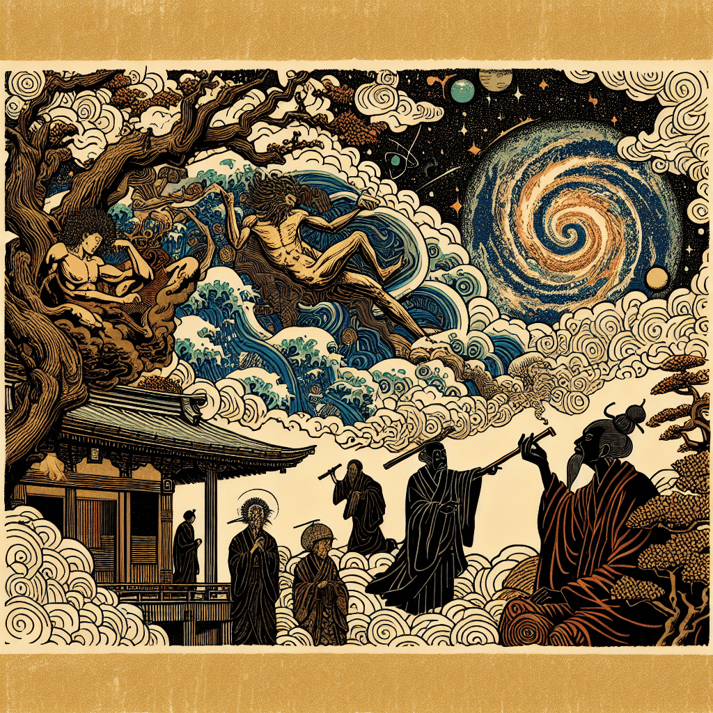 Create an image that delves into the philosophical exploration of existence and one's role in the universe, capturing the depth and complexity of human understanding.