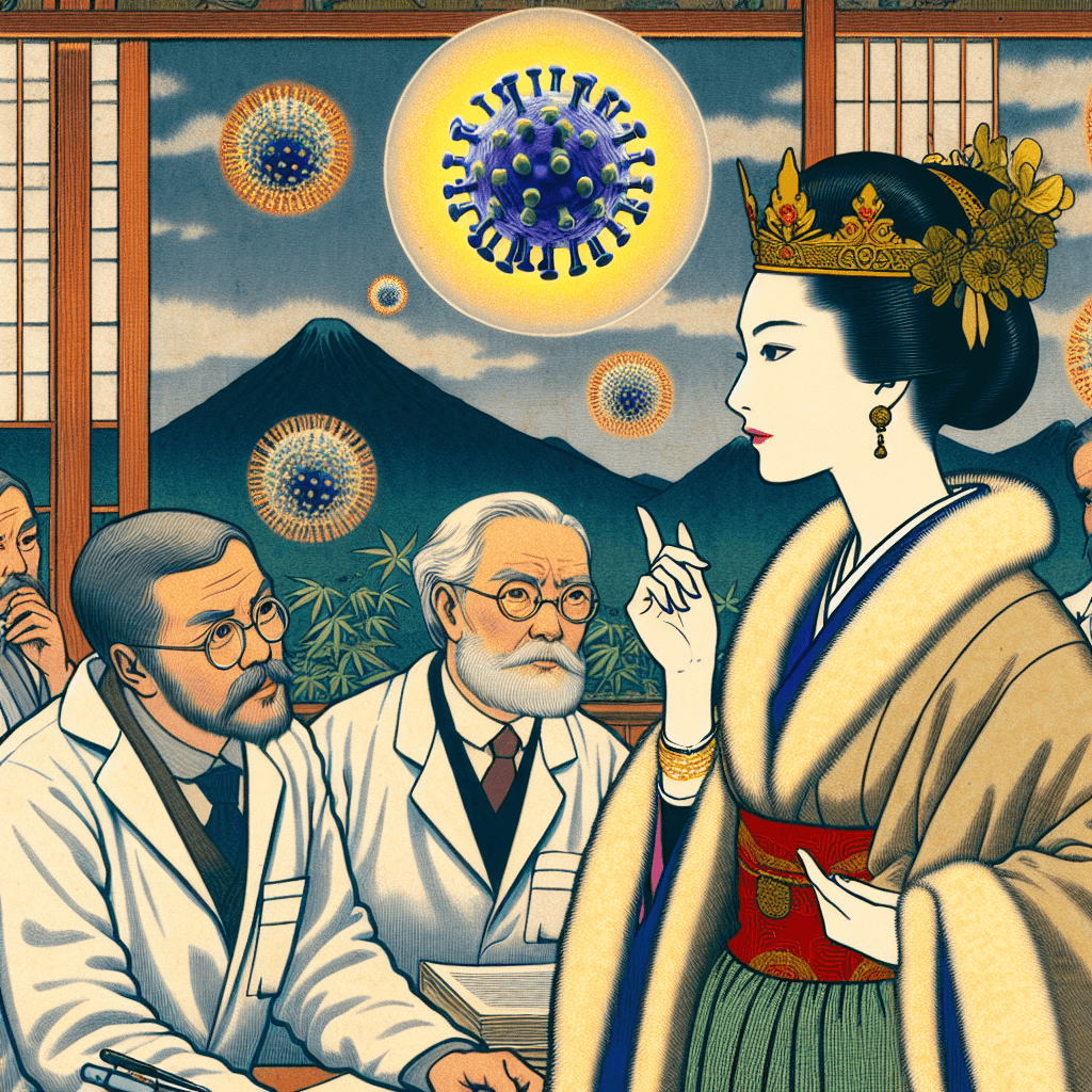 Create an image of Queen Mathilde of Belgium engaging with scientific experts about T. gondii, showcasing a blend of royal elegance and scientific inquiry.