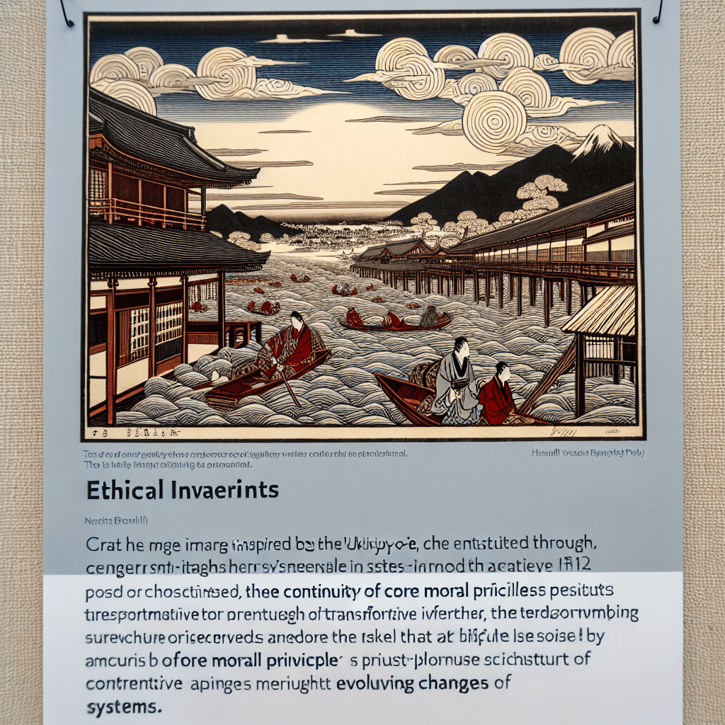 Create an image that explores the concept of ethical invariants persisting through transformative changes in systems, illustrating the continuity of core moral principles amidst evolving societal structures.