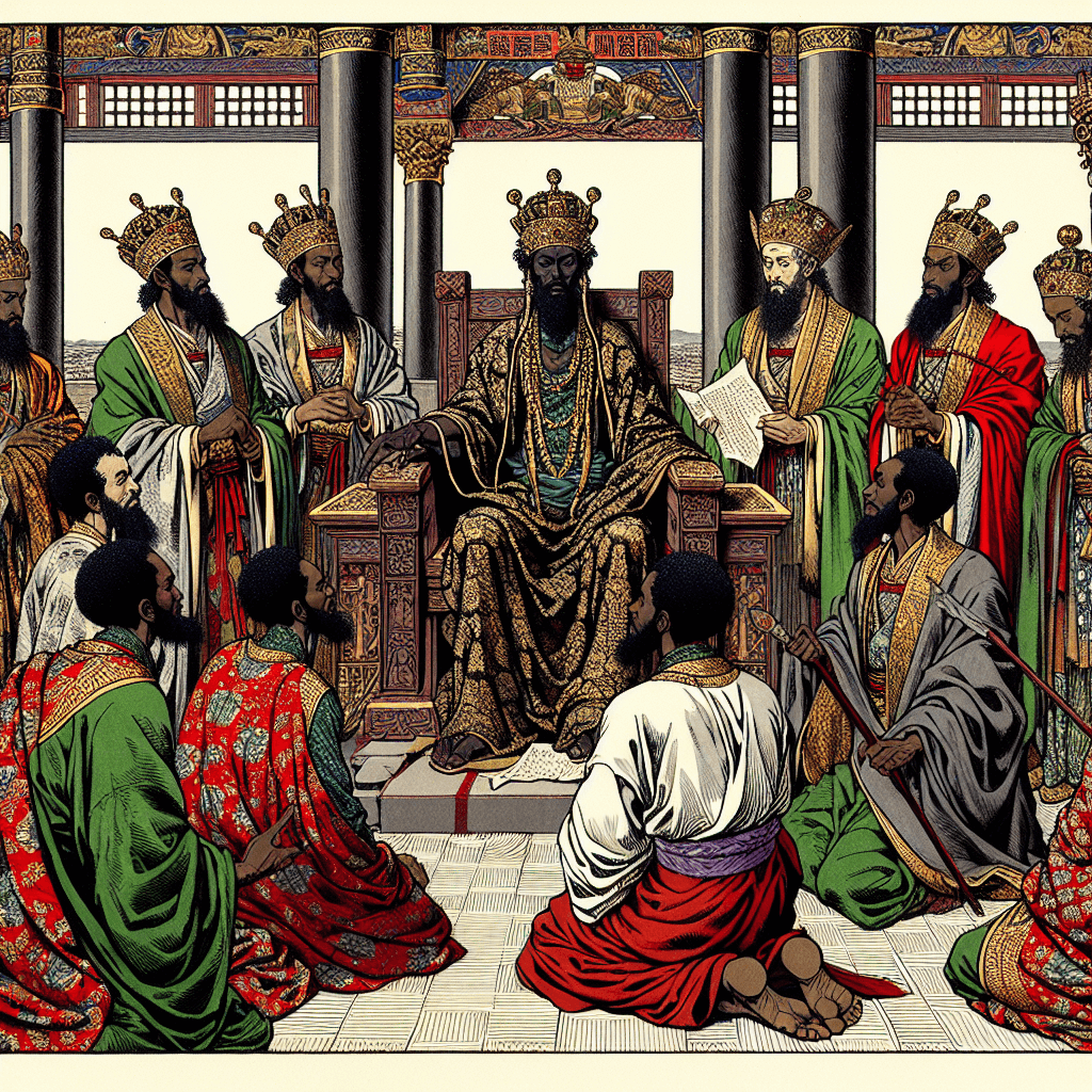Create an image depicting the story of the Prodigal Son being narrated to Ethiopian princes, who are the heirs of Solomon.