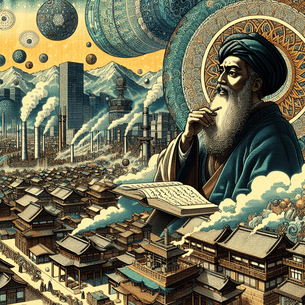 Create an image depicting Al-Khwarizmi, the 9th-century mathematician, navigating through the bustling scenes of the Industrial Revolution, symbolizing the dawn of modern capital formation.