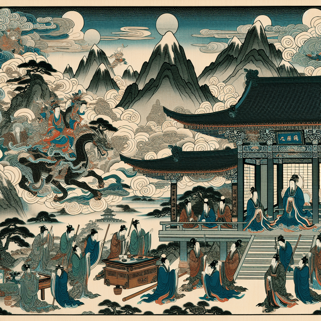 Create an image depicting the Ming Dynasty's restoration, symbolizing its alignment with the Mandate of Heaven, incorporating elements of traditional Chinese art and celestial motifs.