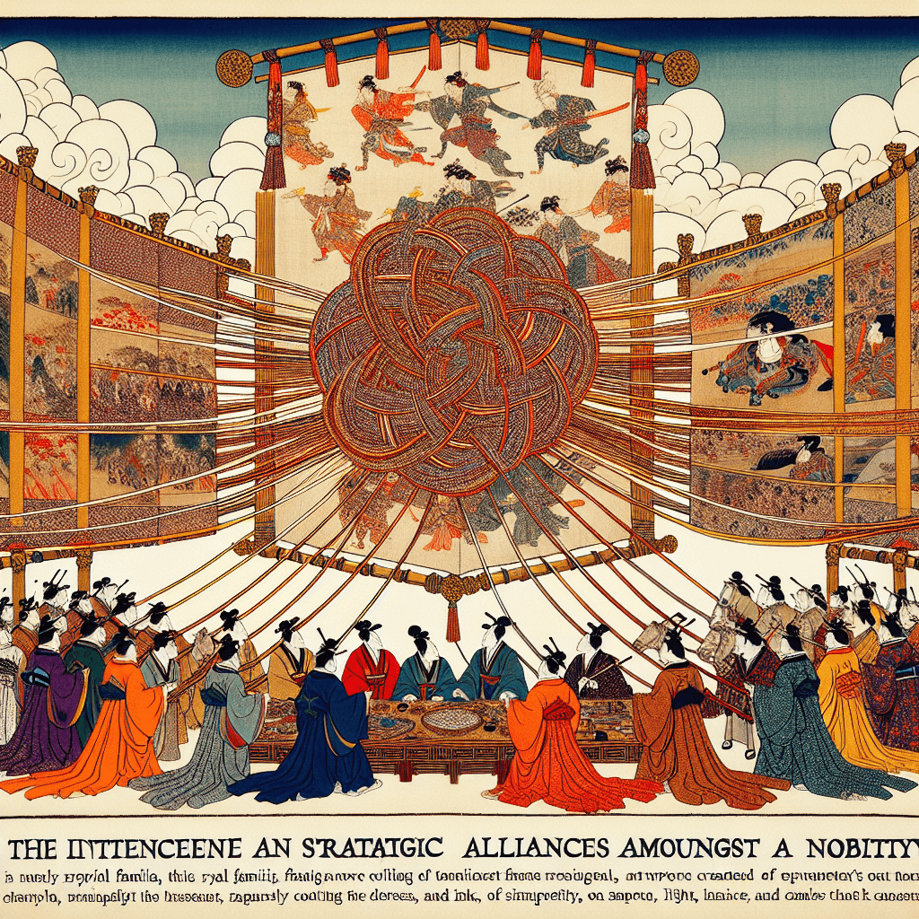 Create an image depicting the intricate and strategic nature of royal alliances, symbolized by a tapestry where threads represent different royal families, weaving together to form a complex and harmonious pattern.