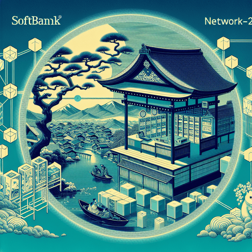 Create an image depicting a mysterious and innovative technology entity within SoftBank's Network-2, emphasizing its enigmatic and futuristic nature.